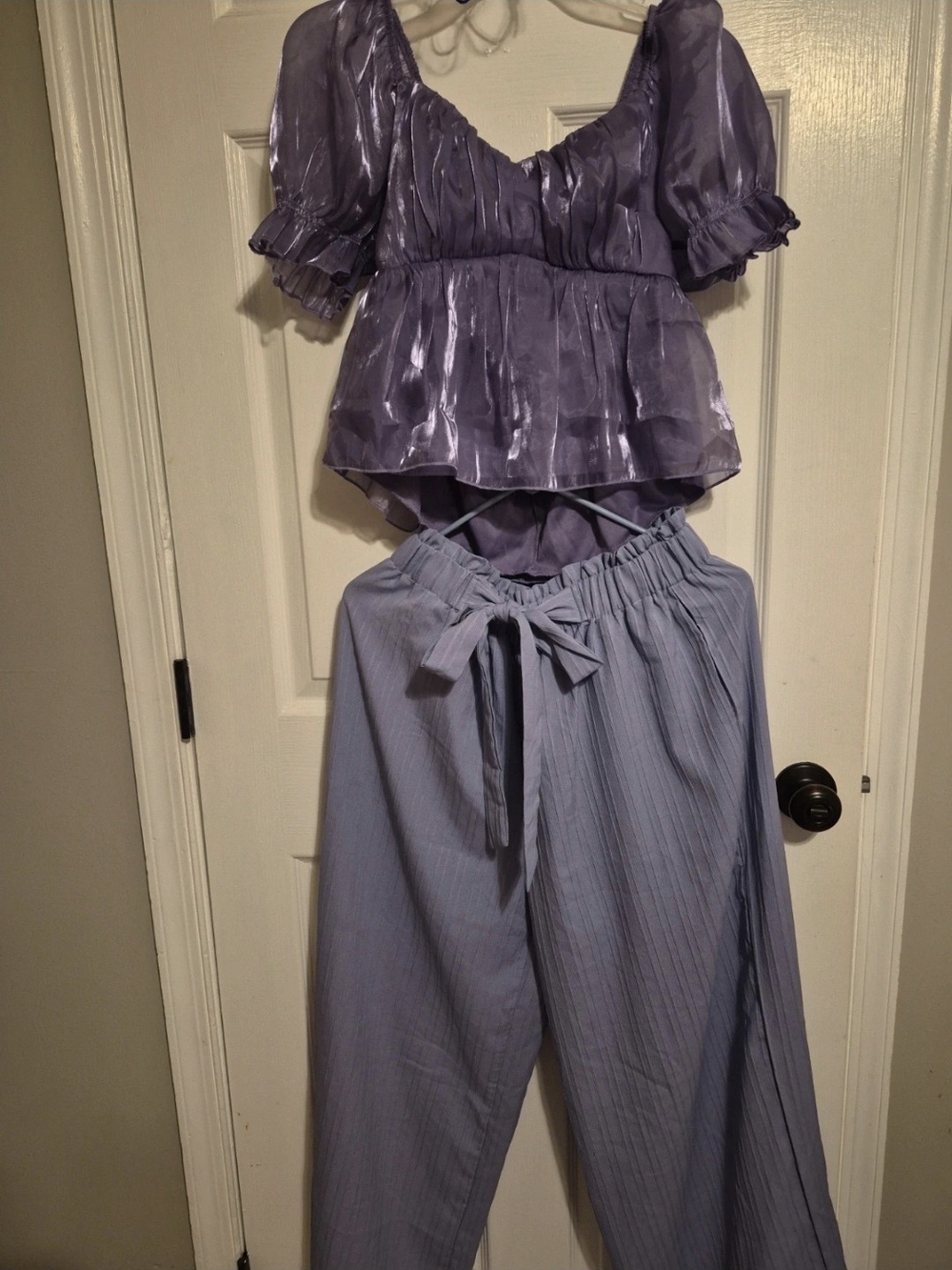 Lilac Puff-Sleeve Satin Peplum Top with Light Lavender Wide-Leg Pants